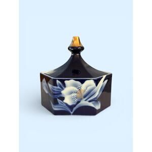 Japanese Fukagawa Style Cobalt Blue Porcelain Trinket Box – White Floral Design
